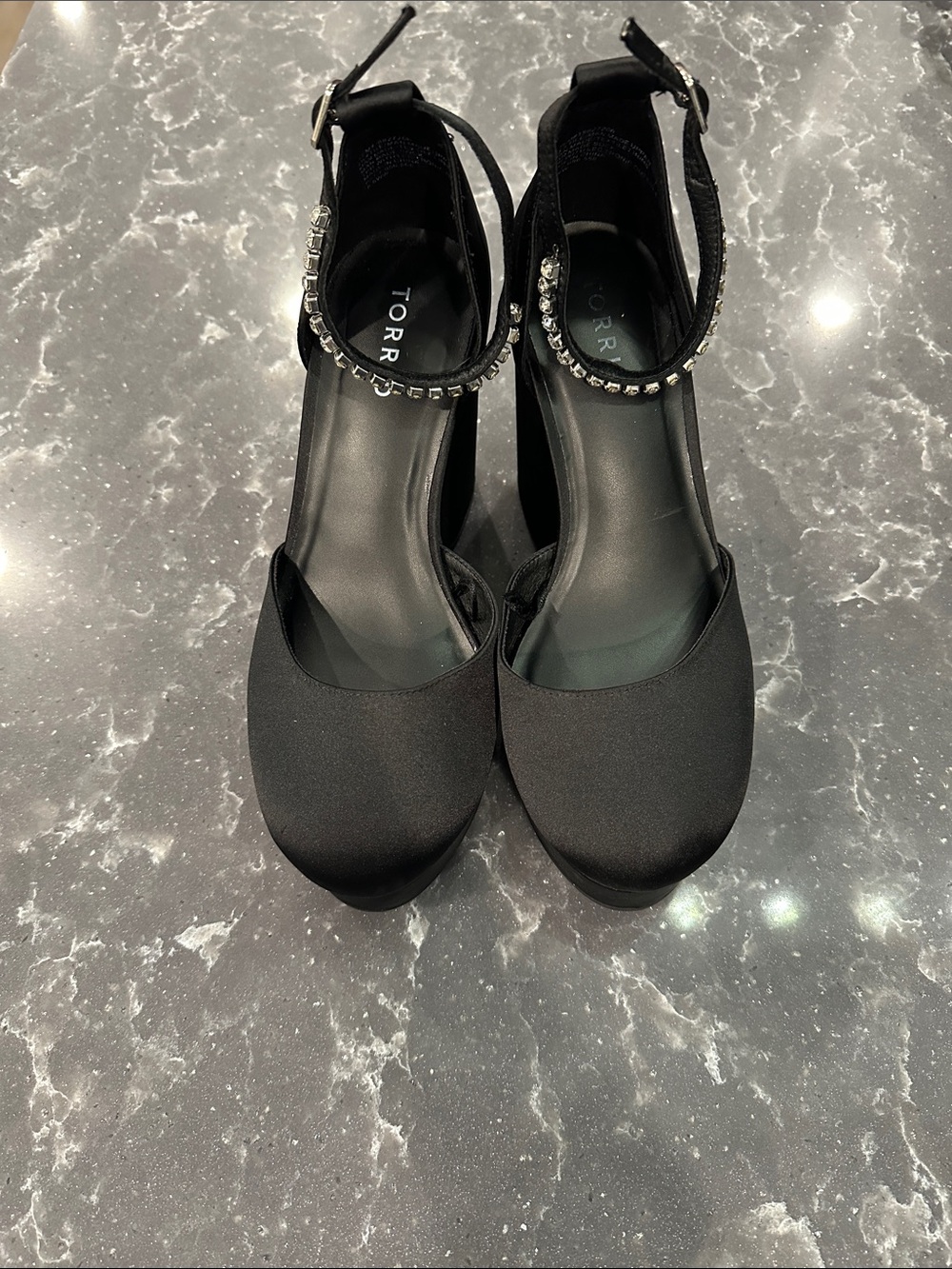 TORRID Black Ankle-Strap Platform Pumps with Rhinestone Detail 8.5 Wide